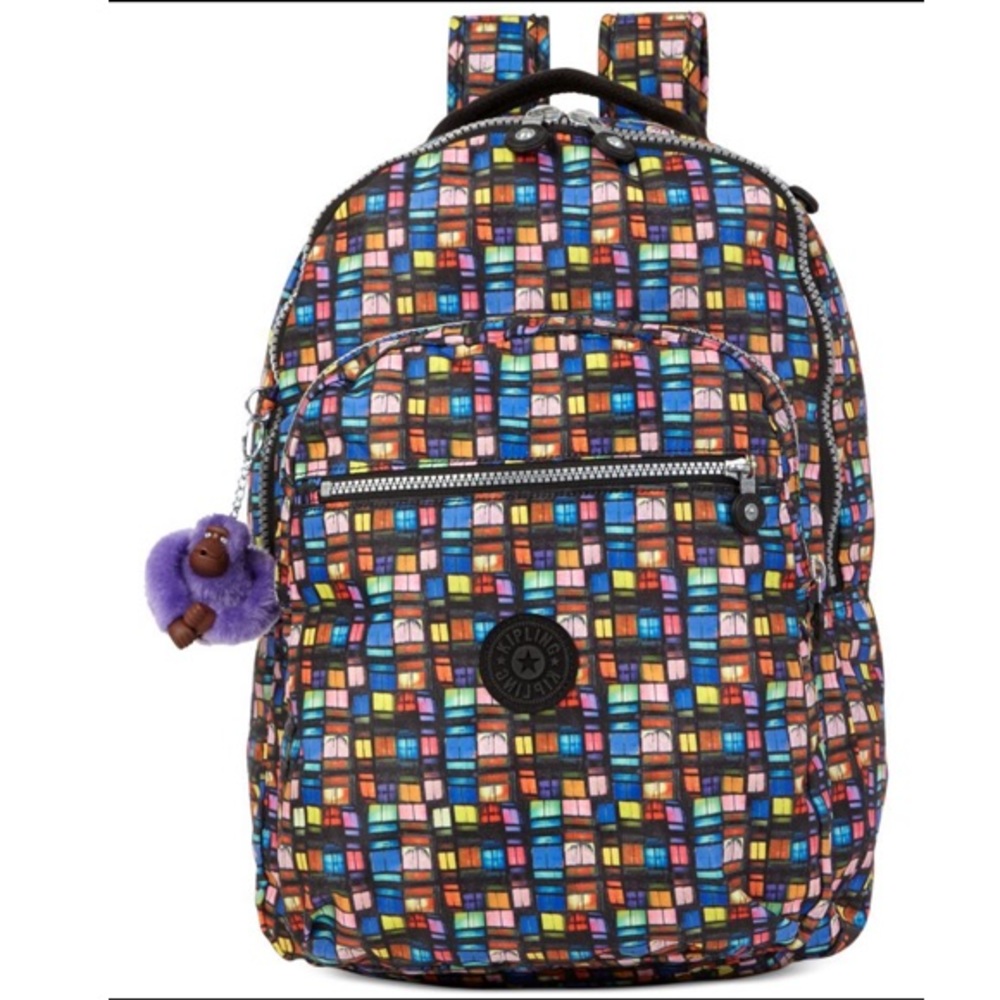 Kipling Challenger Backpack Laptop Pocket Multi Color Geometric Print KeyChains